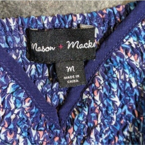 Blue Smocked Chevron Mini Dress with Adjustable Straps Geometric Print Medium - Picture 2 of 5